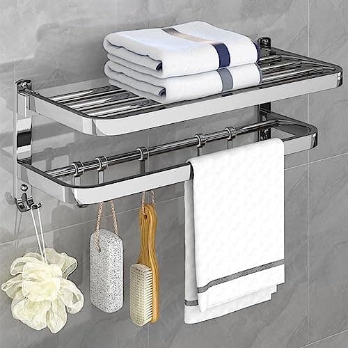 Image of HONPHIER Towel Rail Wall Mounted 2-Tier Foldable Towel Holder Bath Towel Rack With Activity 5 Hooks SUS 304 Stainless Steel Towel Shelves Towel Rail for Bathroom, Kitchen, Hotel (19-Inch, Silver)