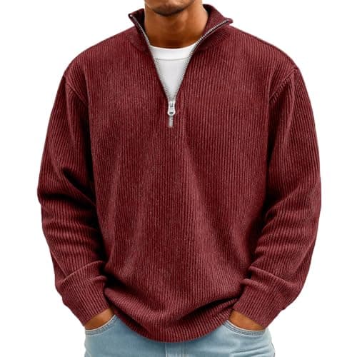 Image of Men’s Corduroy Fit Quarter Zip Jumper, 1/4 Zip Pullover Sweater, Smart Casual Knitwear for Men, Classic Zip Neck Pullover red L
