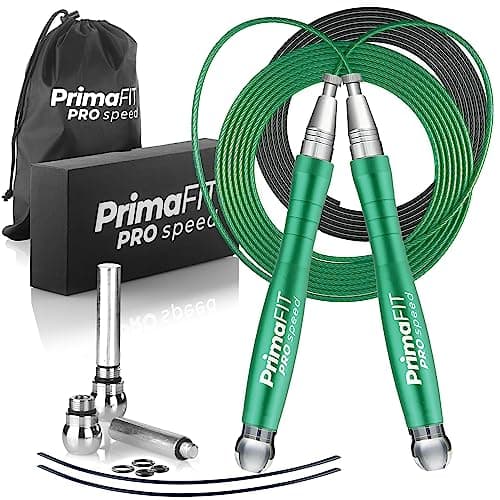 Image of PrimaFIT Pro Speed Skipping Rope Adult Fitness for Men Women Weighted Jump Rope 3m Adjustable Self-Locking Aluminium Boxing Gym MMA Crossfit Workout Spare Cable Weights Protectors Carry Bag (Green)