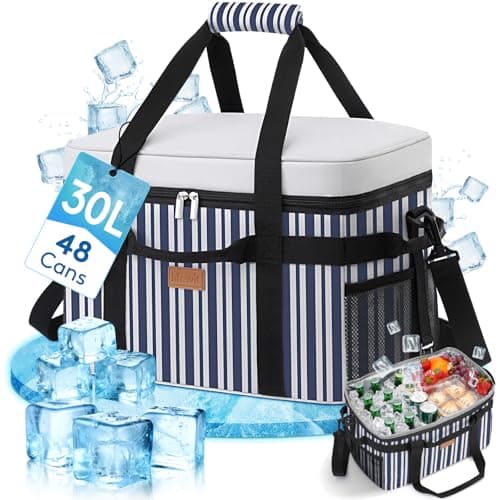 Image of Lifewit 30L Soft Cooler Bag with Hard Liner, Large Insulated Picnic Lunch Bag Box Soft-Sided Cooling Bag for Camping、BBQ、Family Outdoor Activities, Blue and Gray Stripes