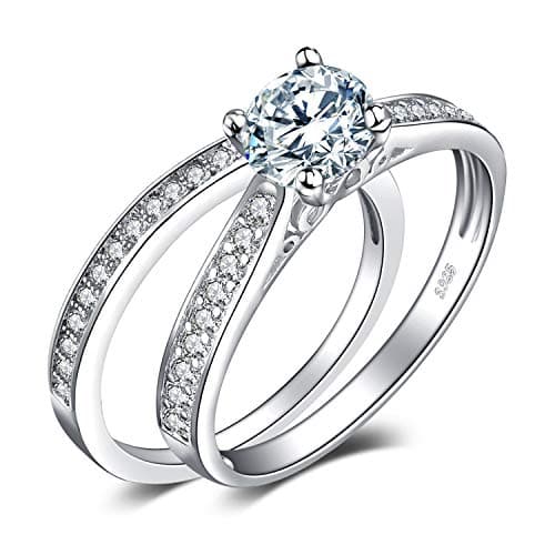 Image of JewelryPalace 1ct Simulated Diamond Engagement Rings for Women, 14k White Gold Plated 925 Sterling Silver Promise Rings for her, Cubic Zirconia Anniversary Wedding Eternity Band Ring Set W