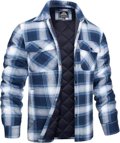 Image of MAGCOMSEN Quilted Jacket Men Multi-Pockets Long Sleeve Work Shirts Outdoor Vintage Warm Shirts Jackets Blue White XL