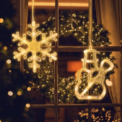 Image of Jsdoin LED Christmas Window Light Snowflake and Snowman, Twinkle Christmas Curtain Light Timer, Hanging Lights for Party Shop Window Xmas Decoration, Outdoor Indoor, Battery Powered(Warm Light)