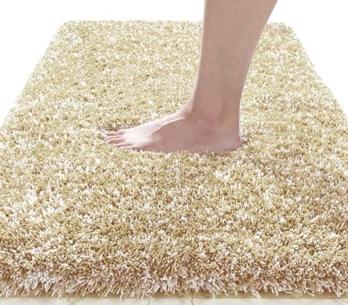 Image of Yimobra Fluffy Plush Bath Mat, Super Shaggy Soft Comfortable Non Slip, Water Absorbent Microfiber Bath Mat, Dries Quickly, Machine Washable Thick Bathroom Floor Rugs for Shower, 51 x 81 cm, Beige