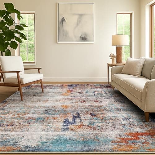 Image of SOANNY Living Room Rug, 120x170 cm Modern Abstract Low Pile Area Carpet, Non-Slip Washable Mat for Bedroom, Hallway, Kitchen, Laundry, Entryway, Utility, Beside Sofa, Office, Neutral Rust Multi