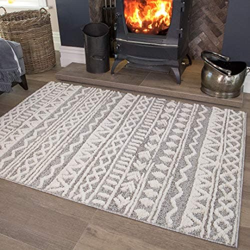 Image of Scandi Grey Cream Tribal Geometric Area Rug Nordic Aztec Moroccan Cream Plush Living Room Bedroom Hallway Rugs 80cm x 150cm