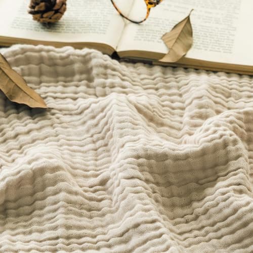 Image of EMME Cotton Throw Blanket 100% Muslin Soft Blanket for Couch Breathable Gauze All Season Soft and Lightweight Pre-Washed Cotton Blanket(Light Tan, 127 x 177cm)