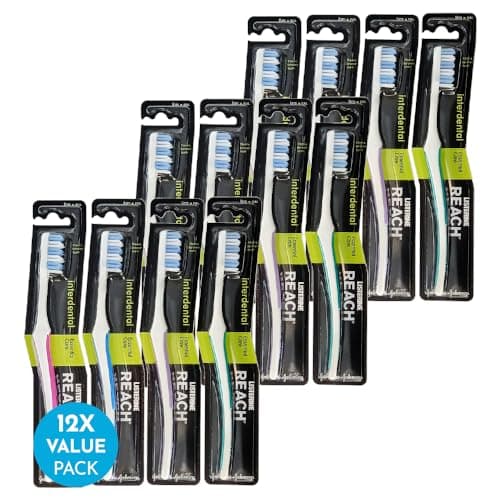 Image of REACH Essential Care Interdental Firm Toothbrush, Single Pack x 12, Full Head Hard Bristle Manual Toothbrushes, Variety Colors Multipack, Daily Oral Enamel Dental Care Bullet Point