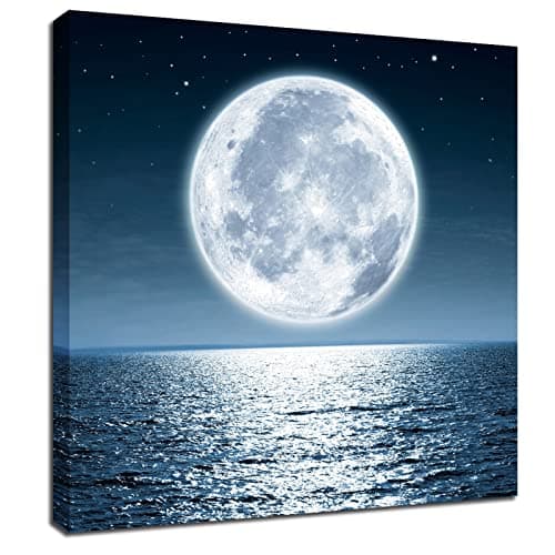 Image of Hai dou ya Moon Decor Framed Wall Art - Moonrise at Sea Ocean Framed Pictures for Living RoomDecor Office Modern Seascape Poster Nature Print Ready to Hang Bedroom Bathroom Artwork 12x12inch, Blue