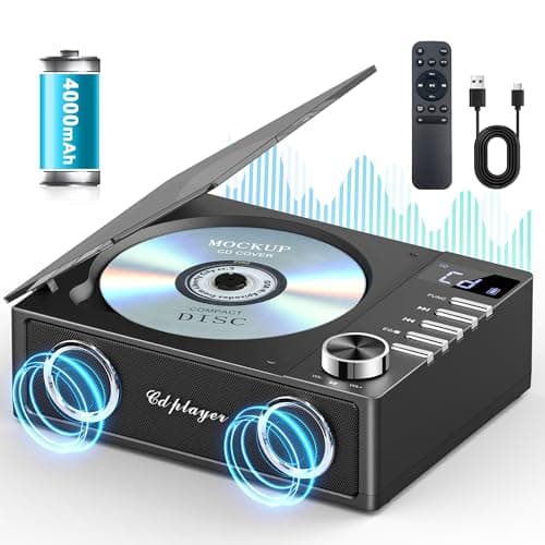 Image of Greadio Portable CD Player with Bluetooth 5.3, 4000mAh Rechargeable CD Music Player with Remote Control, Dual Speakers, LED Display, Supports USB, TF Card, AUX for Home/Car (Black)