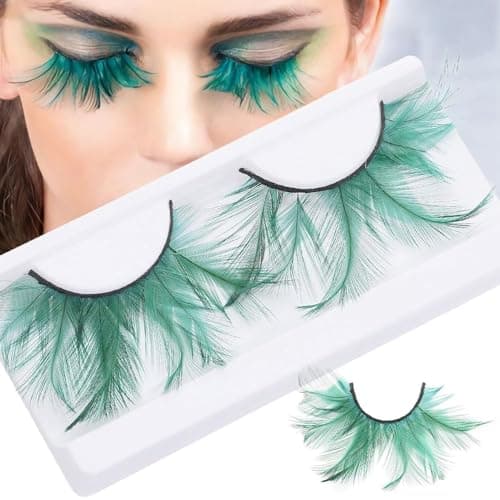 Image of Green False Eyelashes Halloween Green Eye lashes Extension Tools Anime Cosplay Makeup Natural Looking Masquerade Party Eyelashes (Green 1 Pair)