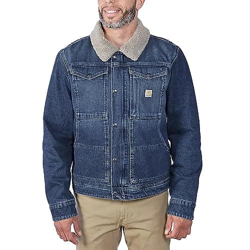 Image of Carhartt Men Lightweight Jacket Relaxed Fit Denim Sherpa-Lined, Color:beech, Size:2XL