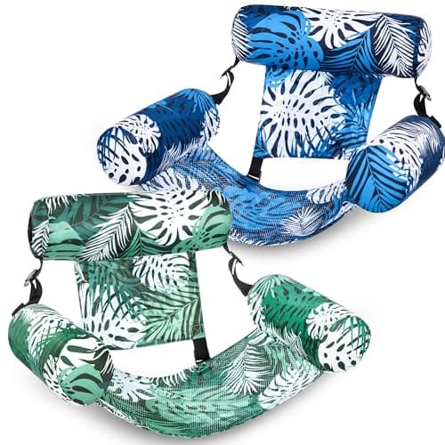 Image of SLOOSH Inflatable Pool Floats Adult, 2 Packs Floating Lounge Chairs, Blow up Pool Inflatables for Adult, Inflatable Chair for Party Summer Water Beach Lake Fun, Tropical Leaves-Green, Blue