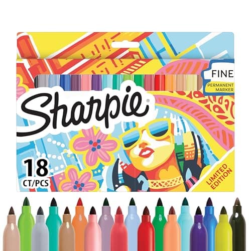 Image of Sharpie Permanent Markers | Fine Point Colouring Pens | Assorted Colours | 18 Marker Pens