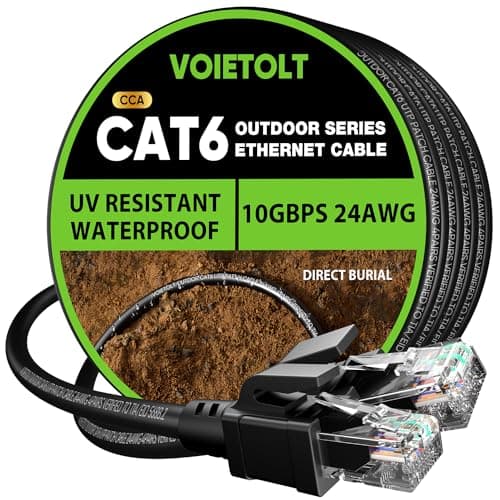 Image of VOIETOLT Outdoor Cat 6 Ethernet Cable 10m, Water Resistant Direct Burial LLDPE UV Jacket - 24AWG 10Gbps High Speed Gigabit Internet Network Cable - CCA, UTP with 20 Ties - Black