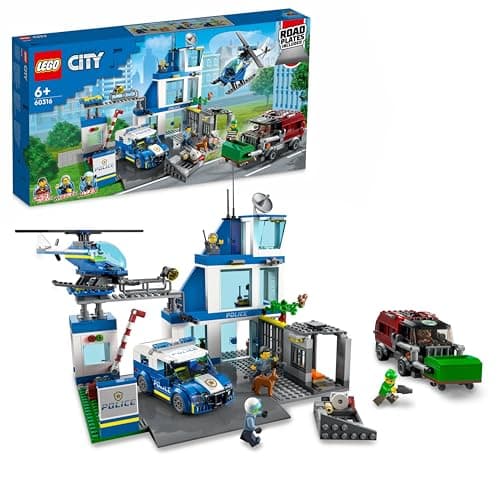Image of LEGO City Police Station Building Kit for Kids aged 6+, with a Helicopter, Patrol Vehicle and Customized Bin Lorry, Plus 5 Minifigures, Including 3 LEGO City TV Characters, and a Dog Figure 60316