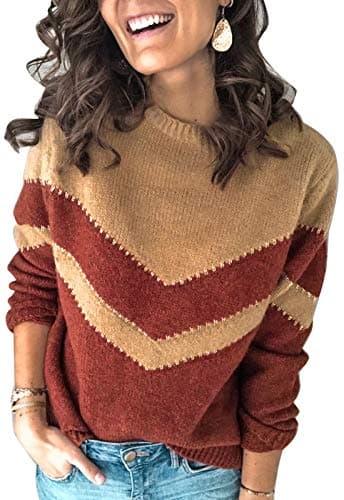 Image of Ancapelion Women’s Casual Long Sleeve Chunky Jumper V Stripe Colour Block Sweater Crew Neck Knit Pullover Tops Knitwear