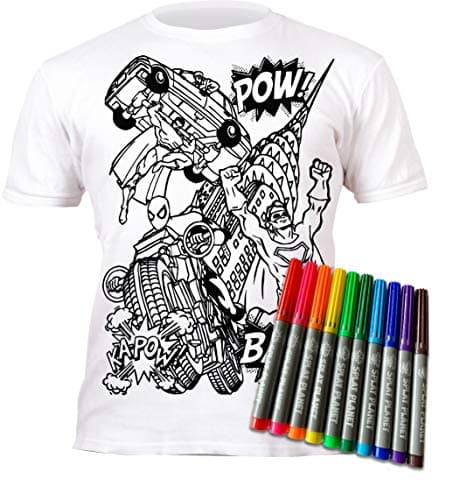Image of Splat Planet Colour-in Superhero Super Hero T-Shirt with 10 Non-Toxic Washable Magic Pens - Colour-in and Wash Out T-Shirt (Age 5-6) White