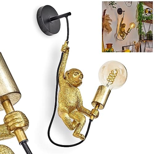 Image of Wall Light Suardi, wall lamp Made of Metal/Plastic in Black/Gold, 1-Flame, 1 x E27, Without Bulb, wall spot in Retro/Vintage Design with Figure of a Monkey