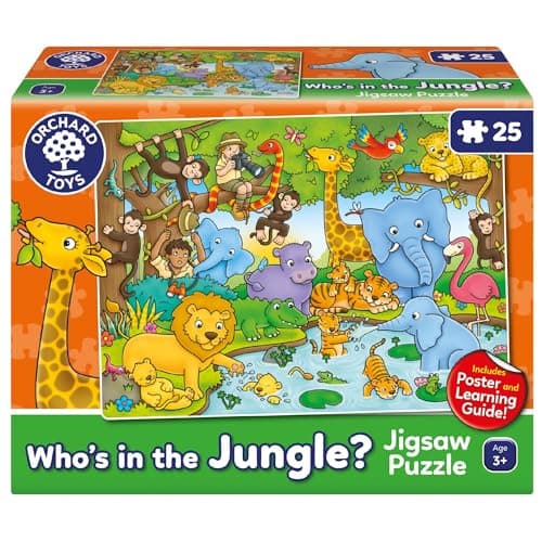 Image of Orchard Toys Who's in the Jungle? Jigsaw Puzzle, 25-Piece Jungle Themed Puzzle, For Kids Age 3+, Includes Poster and Educational Learing Guide