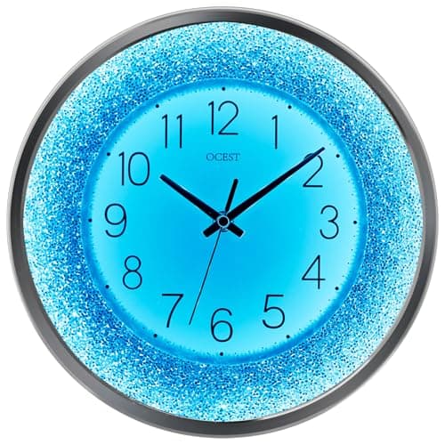 Image of OCEST 12 Inch Wall Clocks Crushed Diamond Night Light, Silent LED Sparkle Glow in The Dark Decorative Large Display Clock for Bedroom, Living Room, Kitchen - Silver