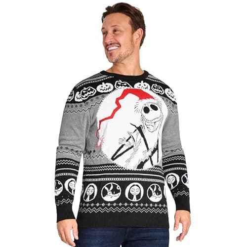 Image of Disney Mens Christmas Jumper Crew Neck with Long Sleeves, Warm Cosy Xmas Jumper - Gifts for Men (Black/Multi Jack, XS)