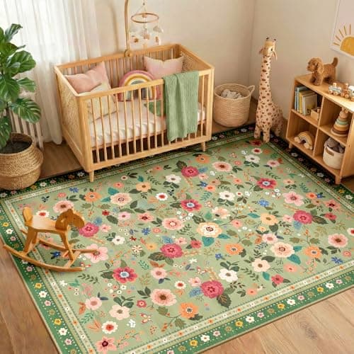 Image of INOVADAY Machine Washable Rug 120x180 cm Non-Slip Low Pile Floral Print Area Rug for Living Room Bedroom Dining Room Kids Room Bedside Kitchen Lounge Light Green