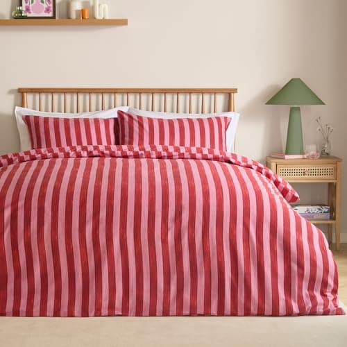 Image of furn. Dual Tone Duvet Cover Set – Reversible Modern Striped Easy Care Bedding (Pink Red – King)