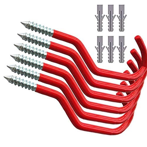 Image of Coocnh Bike Hooks Heavy Duty Bicycle Storage Hooks Set Screw-in Utility Storage Hangers Shed Garage Garden Hook Plastic Coated Wall Mounted/Ceiling for Mountain/Road Bikes Red Pack of 6