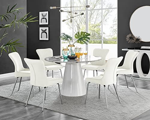 Image of Furniturebox UK Palma White Marble Effect Round Dining Table & 6 Cream Nora Silver Leg Chairs