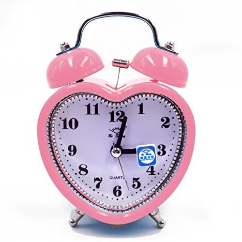 Image of LA HUATE Retro Heart Shape Alarm Clock Silent Desk Travel Alarm Clock Cute No Ticking Twin Bell with Nightlight,Pink