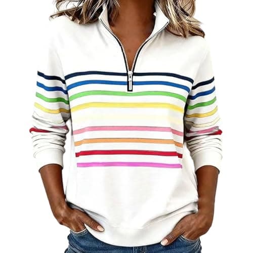 Image of Generisch Sweatshirt Women's Rainbow Striped Tops V Neck Long Sleeve Half Zip Tops Fashionable Striped Pullover Half Zip Loose Fit Casual Jumper Rainbow Streetwear, White, 5XL