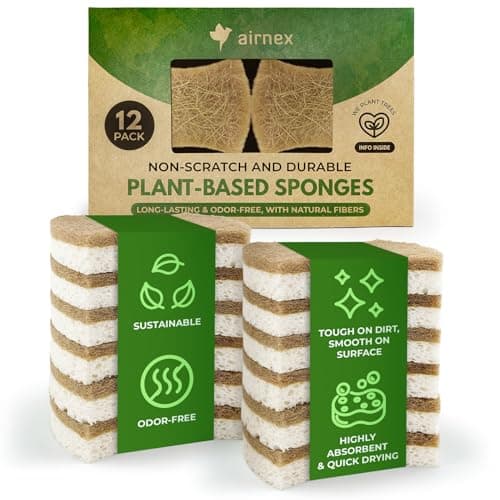 Image of Pack of 12 Natural Sponges for Washing Up - Made from Cellulose, Coconut & Recycled Fibres - Eco Friendly, Odour Free, Non Scratch Scrubbers for Kitchen & Bathroom - Green America & PETA Certified