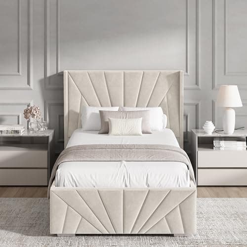 Image of Blisswood Single Ottoman Bed Frame – Upholstered 3ft Bed with Headboard, Wooden Slats & Gas Lift-Up Storage Base, Small Single Bed for Kids Teens Girls or Guest Bedroom (90x190 cm Beige_No Mattress)