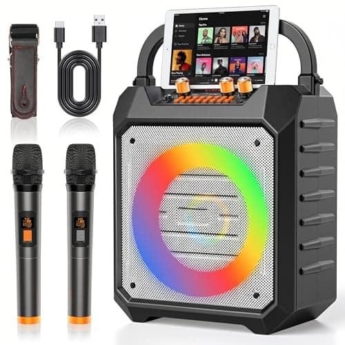 Image of Portable Karaoke Machine with 2 Wireless Microphones Bluetooth Karaoke Speaker with PA System for Adults,Parties,Home Use,Support BT/TF/USB/AUX/FM,Recording,LED Lights,Powerful Bass and Treble(K168W)