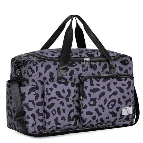 Image of FIORETTO Womens Mens Sports Gym Bag Duffle Bag with Shoes Compartment, Weekend Travel Bag Overnight Bag for Women, Water Resistant Holdall Hospital Bag for Swimming Leopard Print