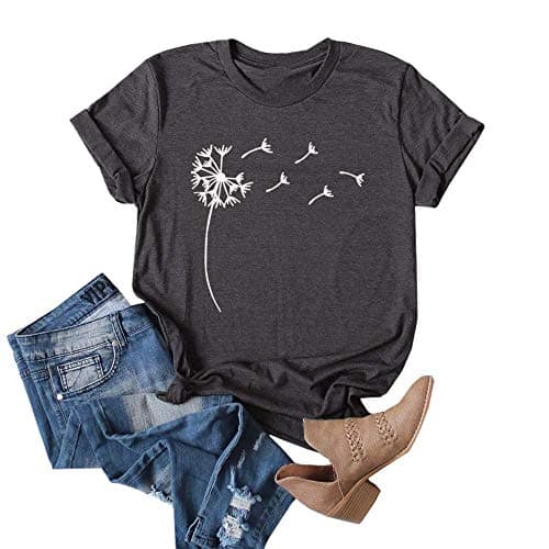 Image of Cicy Bell Women's Dandelion Print T Shirts Cute Graphic Short Sleeve Shirt Crew Neck Cotton Tees Summer Tops Dark Grey S