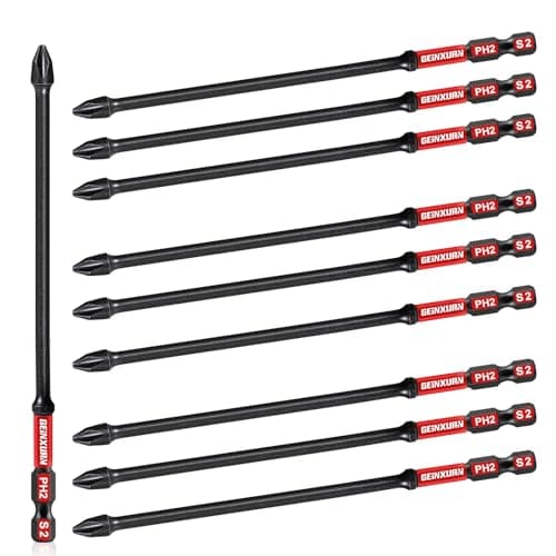 Image of GEINXURN Impact Tough Phillips Magnetic Screwdriver Bit Set, 10 Pieces 150 mm Long PH2 Insert S2 Alloy Drill Driver Bits, Universal 1/4" Hex Shank for Power Drivers, Bulk