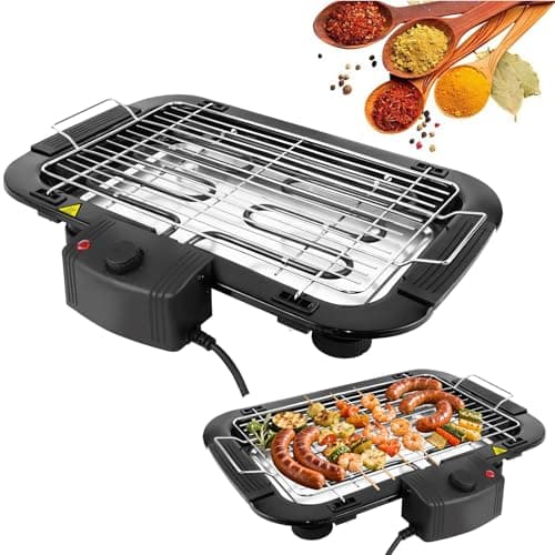 Image of 1500W Electric BBQ Grill Indoor/Outdoor with Stand, Smokeless, Non-Stick, 5-Level Temperature Control, Compact Tabletop Electric Barbecue Grill with Removable Drip Tray for 2 to 4 People BBQ Party
