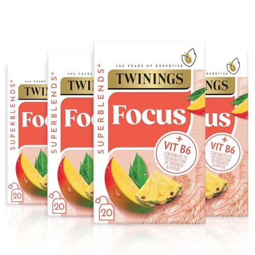 Image of Twinings Superblends Focus Tea - Mango & Pineapple Herbal Tea Infusion with Ginseng & Vitamin B6 - Caffeine Free Energy Boost, 80 x Biodegradable Tea Bags