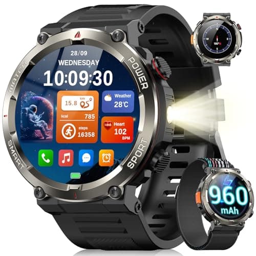 Image of Blackview Military Smart Watch for Men (Answer/Make Calls), 1.45" Fitness Tracker with 100-Day Battery/Flashlight/Compass/Heart Rate/SpO2/Sleep, 150+ Sports IP68 Waterproof Smartwatch for iOS Android