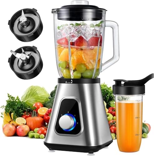 Image of GDOR 1200W Smoothie Blender 2 in 1 Blender with 1.5L Glass Jug & 650ML Travel Cup 3 Speed Smoothie Maker Professional Glass Jug Blenders for Smoothies, Shakes, Frozen Drinks, Ice, Sauces, Silver