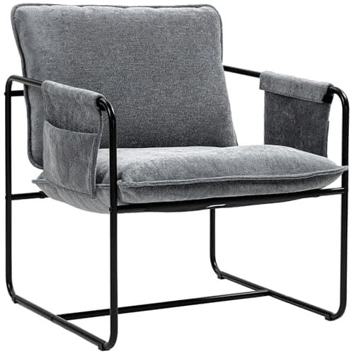 Image of HOMCOM Modern Accent Chair, Chenille Armchair with Side Pockets and Steel Frame, Upholstered Reading Chair for Bedroom, Living Room, Grey