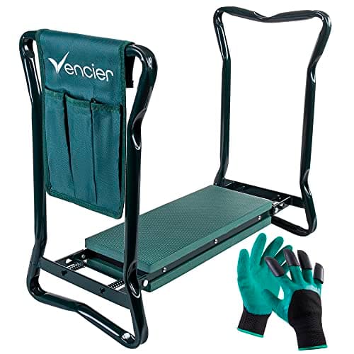 Image of Vencier Folding Portable Garden Kneeler For Gardening Multi Use Can Be Adjusted To Use As Bench Stool Chair Or Kneeler Foam Rubber Padding Padded Pad Seat - Comes with a Tool Bag Holder Pouch & Gloves