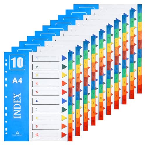 Image of XHDA 1-10 Part Dividers A4, 10 Pack Multi-Colour Plastic A4 Index Folder Subject Dividers, 11-Holes Lever Arch Files Dividers Ring Binders for Office School