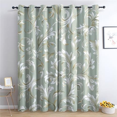 Image of Vintage Floral Curtains for Bedroom Living Room, Light Green And White Patterned Blackout Curtains, Thermal Insulated Eyelet Curtain, 72 Drop Window Treatments Drapes, 66x72 Inch (W x L), 2 Panels