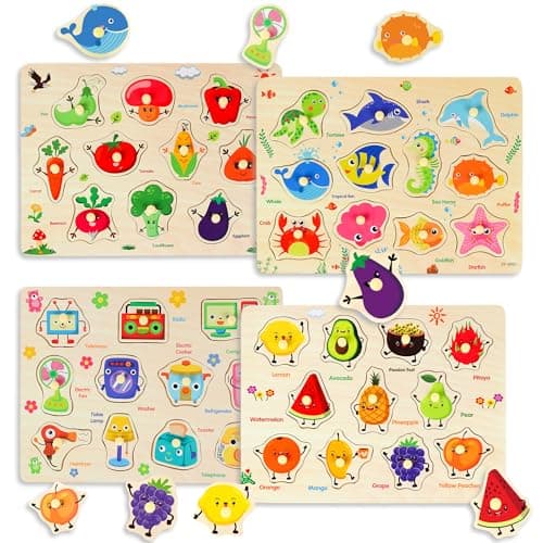 Image of Wooden Peg Puzzles for Toddlers, 4 PCS Toddler Puzzles Set-Fruits, Sea Animals, Home Appliances, Vegetables, Baby Puzzle Montessori Toys for 3 4 5 Years Boys Girls, Kids Preschool Learninng Toys Gift