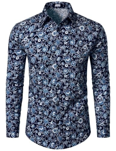 Image of JOGAL Mens Regular fit Floral Dress Shirt Long Sleeve Printed Casual Button Down Shirts Navy Blue 3X-Large