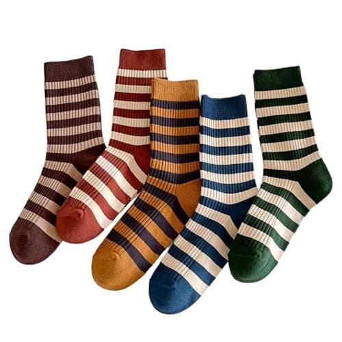 Image of BelleFlair 5 Pairs Cute Crew Socks for Women,UK Size 3-5, Retro Style Colorful Striped Athletic Socks, Fun Fashion Vintage Cotton Sock Gifts for Ladies Daily Wear