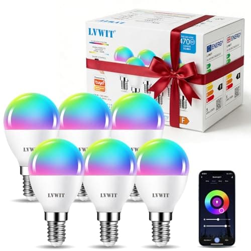 Image of LVWIT E14 Smart Bulb,P45 RGB Golf Ball Smart Light Bulb,470Lm,5W Replace 40 Watt,WiFi LED Light Bulbs Dimmable Compatible with Alexa,Echo and Google Assistant,Tuya(Pack of 6)